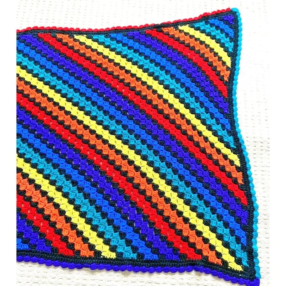 Handmade crochet afghan throw blanket black & bright colors acrylic mod retro